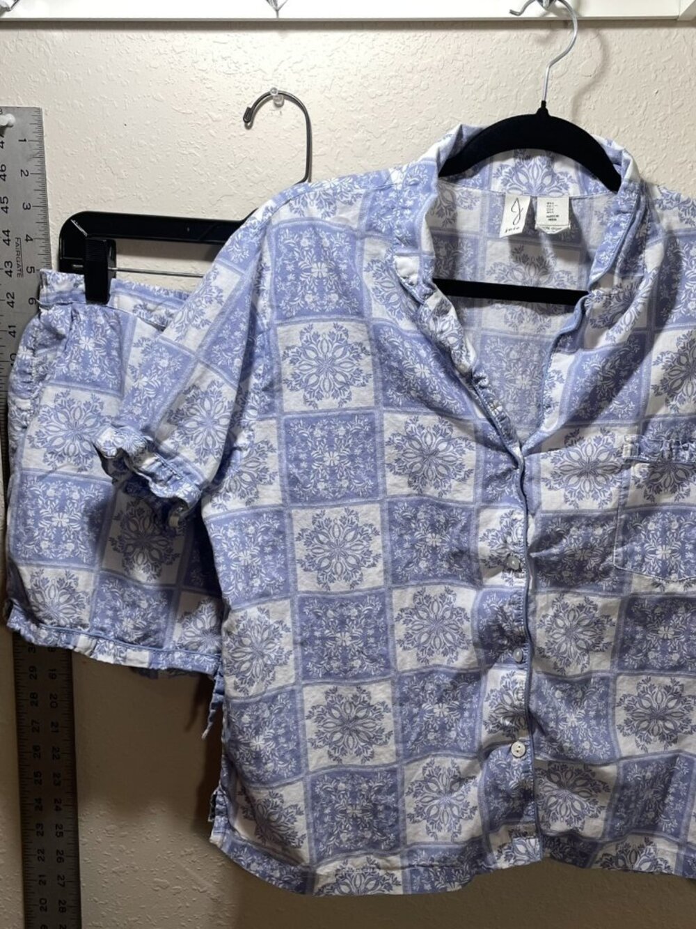 Joie Organic Cotton Pajama Set Blue White Tile Print Shorts PJ Sleepwear - Large